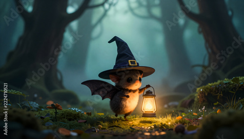 A cute mouse wears a witch hat, holding a lantern in a misty forest. It glows warmly.