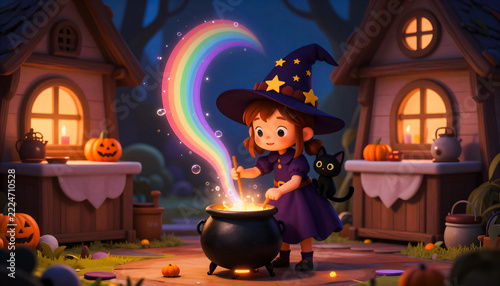 A young witch stirs a bubbling cauldron, creating a rainbow. She wears a purple hat and stands beside a black cat in a spooky forest setting.