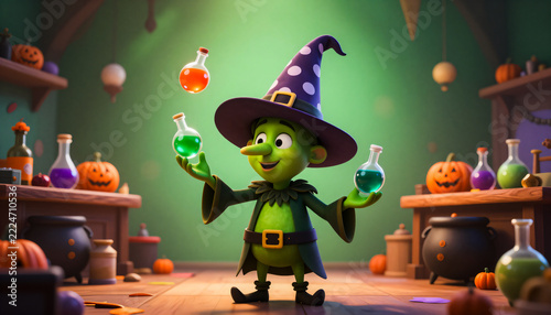 A cheerful green witch balances colorful potions, surrounded by Halloween decor in a cozy lab.