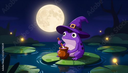 A purple frog witch stirs potion on a lily pad under a full moon.