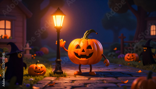 A smiling pumpkin waves near a lamppost on a spooky Halloween night. A witch and a shadowy figure watch.