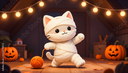 A cute, wrapped kitten dances playfully in a spooky attic, surrounded by pumpkins and fairy lights.