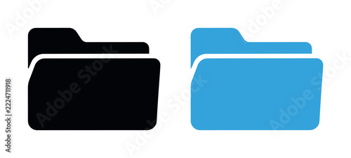 Pair of simple folder icons in solid black and bright cyan blue with rounded upper tabs, folders, black, blue, files, storage, tab