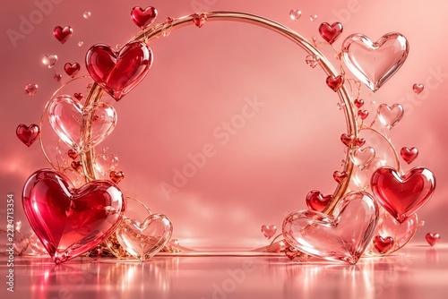 Translucent Glass Hearts around an Elegant Pink Valentine Arch