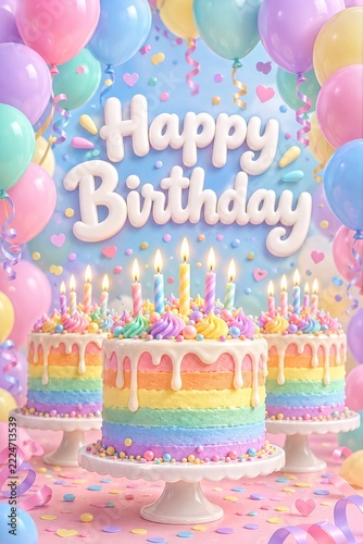 Pastel Rainbow Birthday Cakes with Candles Balloons and White Greeting Letters