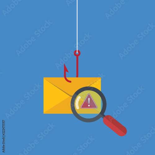 Data phishing, hacking online scam concept. Fishing by email, envelope and fishing hook.