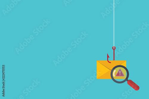 Data phishing, hacking online scam concept. Fishing by email, envelope and fishing hook.
