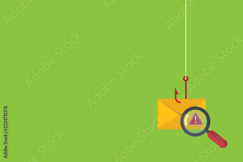 Data phishing, hacking online scam concept. Fishing by email, envelope and fishing hook.