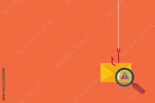 Data phishing, hacking online scam concept. Fishing by email, envelope and fishing hook.