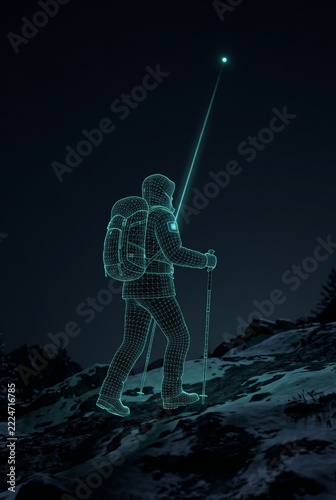 Glowing teal wireframe hiker with a backpack and trekking poles climbing a snowy mountain slope at night, with a signal beam to a satellite, GPS tracking and outdoor safety technology concept