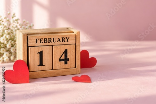 Wooden Block Calendar Showing February Fourteen with Valentine Hearts