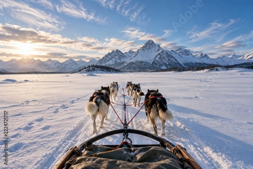 View from a dog sled crossing a snowy plain beneath distant mountain peaks