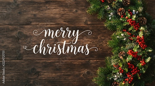 Rustic wooden with a Christmas garland of fir branches, holly berries and pine christmas typography christmas lettering christmas text design