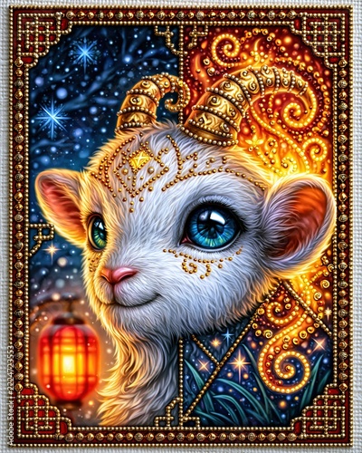 White goat close-up with bright blue eyes wears gold beaded headdress and ornate swirling filigree patterns, with goat, portrait, pet, white detail, showing blue, eyes, glowing, lantern context