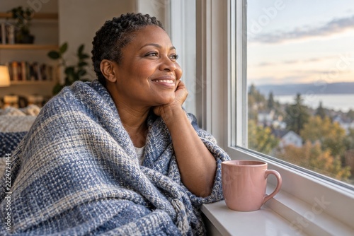 Smiling woman in a blue gray blanket looking through a large window