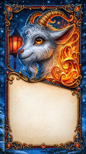 Detailed white goat head in side profile with amber eye glowing, orange flame curls and glowing embers swirling within decorative gold and blue border over snowy dark scene