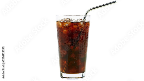 Fotografie Isolated tall glass of refreshing brown carbonated drink with ice and a shiny metal straw