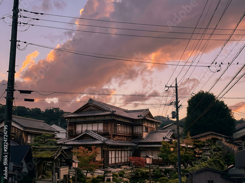 夕焼け空に映える日本の伝統的な日本家屋と街並みの風景