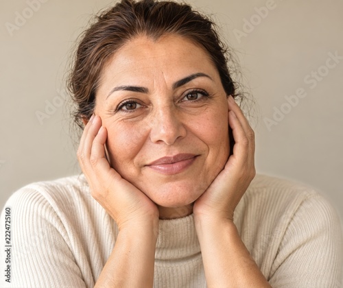 Woman with Tied Back Brown Hair Resting Her Palms against Her Cheeks