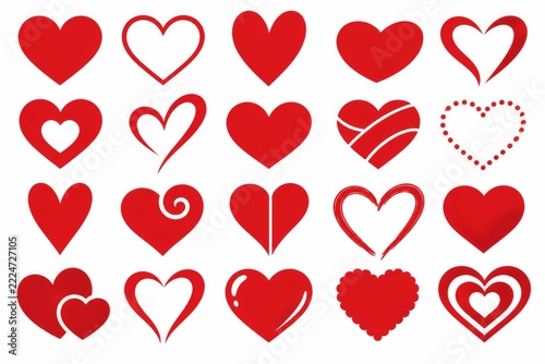 Collection of simple red heart icons in varied styles on white