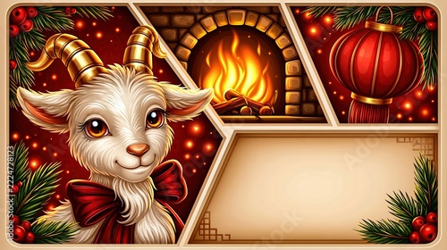 White goat portrait with bright red bow tie sits beside decorated window showing stylized flames and golden lantern light, with chinese, chinesenewyear, yearofthegoat, goat detail, showing goat