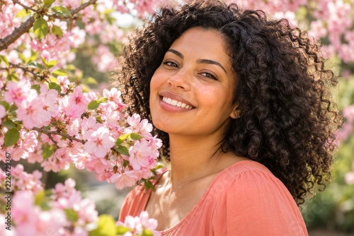 Happy Woman with Natural Curly Hair among Pink Spring Blossom Branches