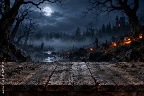 Empty rustic wooden tabletop against a spooky moonlit Halloween forest