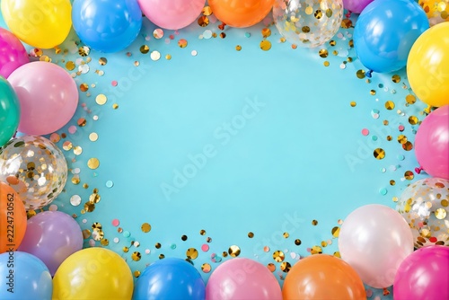 Colorful Birthday Balloons and Metallic Confetti Framing an Empty Cyan Center