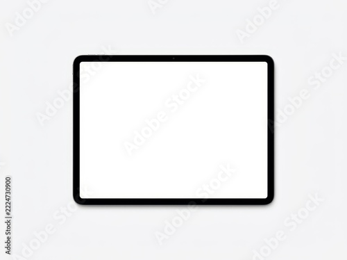 Black tablet with blank white screen on white background, device mockup. Modern tablet with thin black bezels in landscape orientation and an empty white display, subtle shadow below the frame. Flat