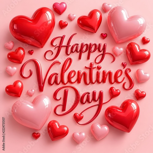 Happy Valentine Day Greeting with Three Dimensional Hearts on Pink