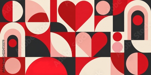 Abstract geometric heart banner in red pink cream and charcoal