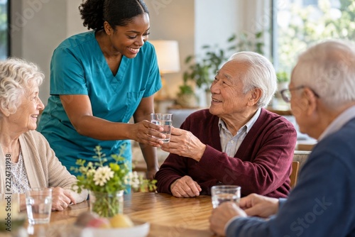 Caregiver offering water to an older man at a communal wooden table