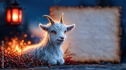 Festive Chinese New Year greeting card concept with goat head close-up, glowing fire horns, warm lantern light, and soft bokeh winter decorations around blank parchment space