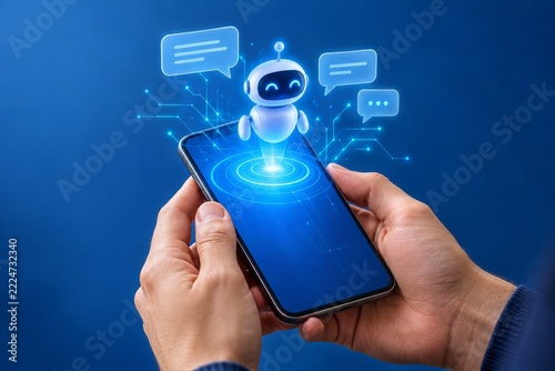 Hands Holding Smartphone with Glowing Robotic Assistant and Chat Bubbles