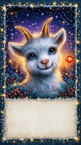 Festive holiday illustration for Chinese New Year showing snowy white goat with bright blue eyes inside winter decorative border, surrounded by glowing fireworks, hanging lanterns, and red berries