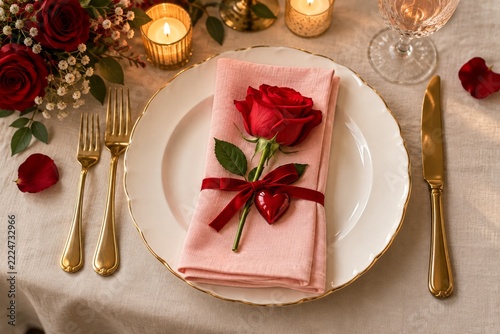 Elegant romantic dinner place setting with a rose and folded pink napkin
