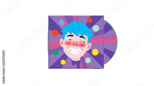 Obraz na plátně Isolated happy cartoon boy's winking face on a vibrant music CD case and disc me