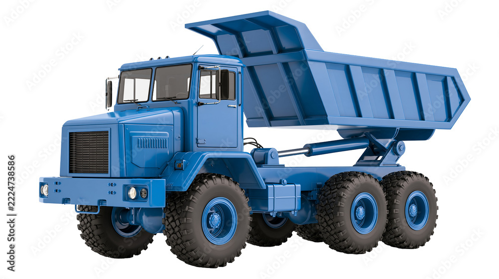Fototapeta premium Isolated blue heavy duty dump truck for construction and mining industries, 3D render illustration