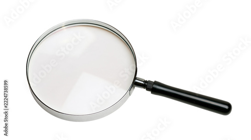 Isolated magnifying glass with black handle for observation, inspection, and research.