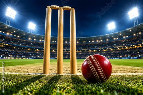 Wooden cricket stumps and leather red ball resting on green pitch inside glowing stadium night