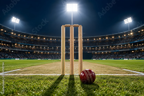Wooden cricket wickets and red leather ball glowing under bright stadium floodlights at night