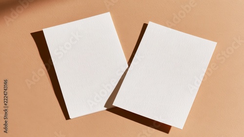 Pair of empty white invitation cards on a calm neutral surface for wedding or event stationery