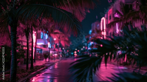 Vibrant retro neon city night with palm fronds and luminous hues for nostalgic summer mood