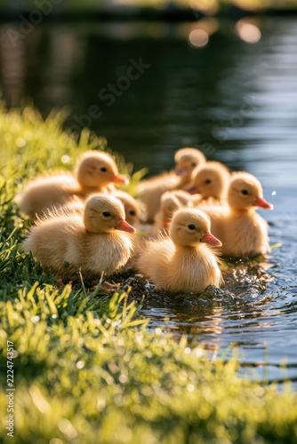Playful yellow ducklings by a sunlit pond on a grassy bank