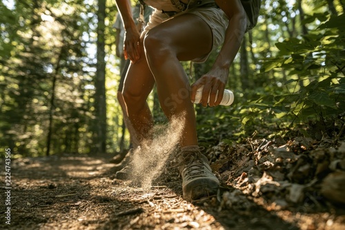 Woman hiking in a sunlit forest applying insect repellent to her leg to prevent mosquito and tick bites