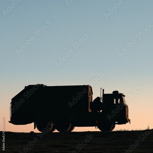 Minimalist side-view silhouette of a heavy-duty garbage truck