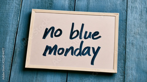 Whiteboard message 'no blue monday' on a blue wooden background â€” top-down flat lay with copy space