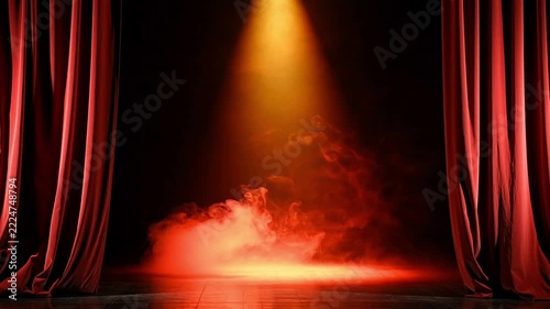 Classic theater stage with red velvet curtains illuminated by bright top spotlight with smoke
