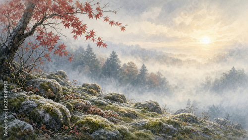 Hand-painted frost maple on mossy hill pale morning sun