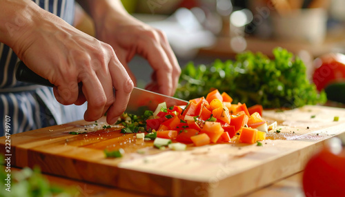 Close Up Hands Chopping Fresh Vegetables Wooden Cutting Board Kitchen Food Prep